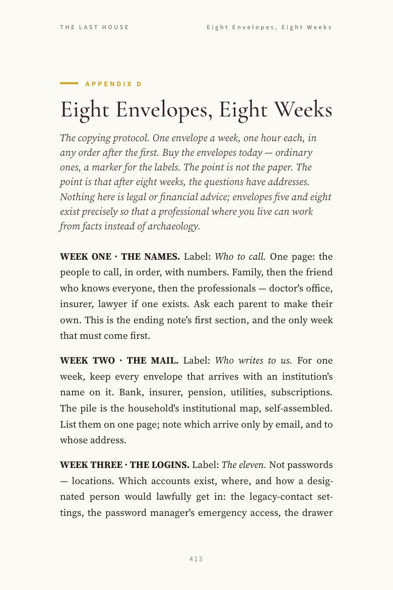 Appendix D, Eight Envelopes Eight Weeks